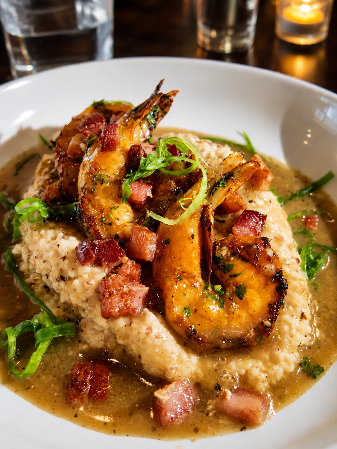 Blackened Gulf shrimp over stone-ground grits with pancetta