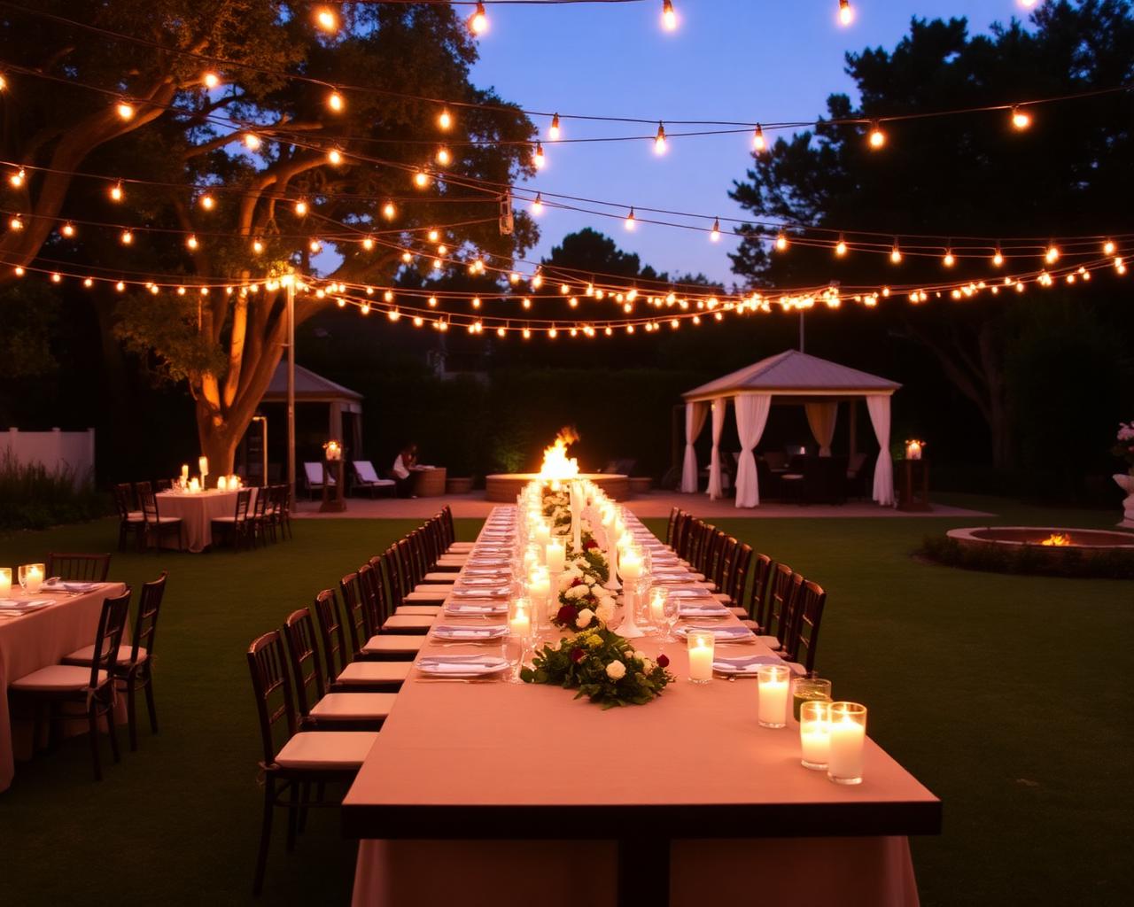 Candlelit long dinner table set outdoors at the White Wine & Butter private event venue in Greer, SC